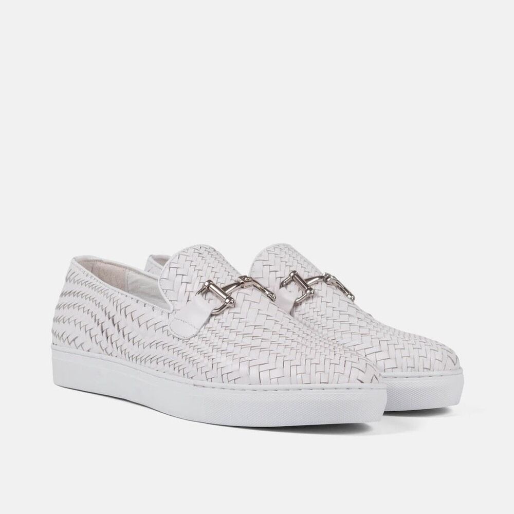 Marc Nolan BOARDWALK WHITE WOVEN LEATHER HORSE-BIT SNEAKERS
